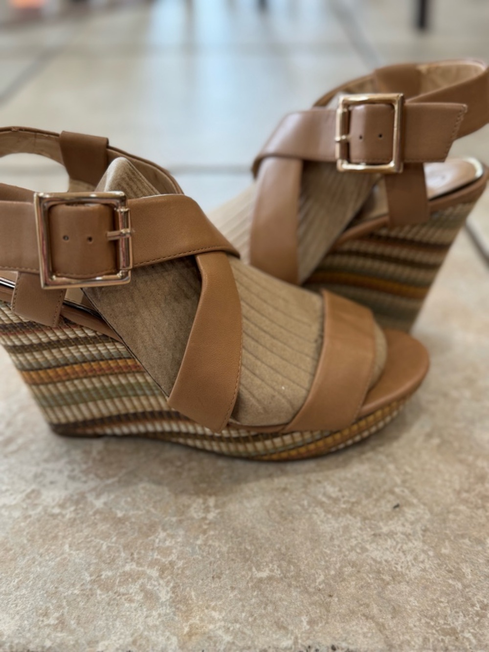 Jessica Simpson Tan CrissCross Platform Strappy Wedge Sandals